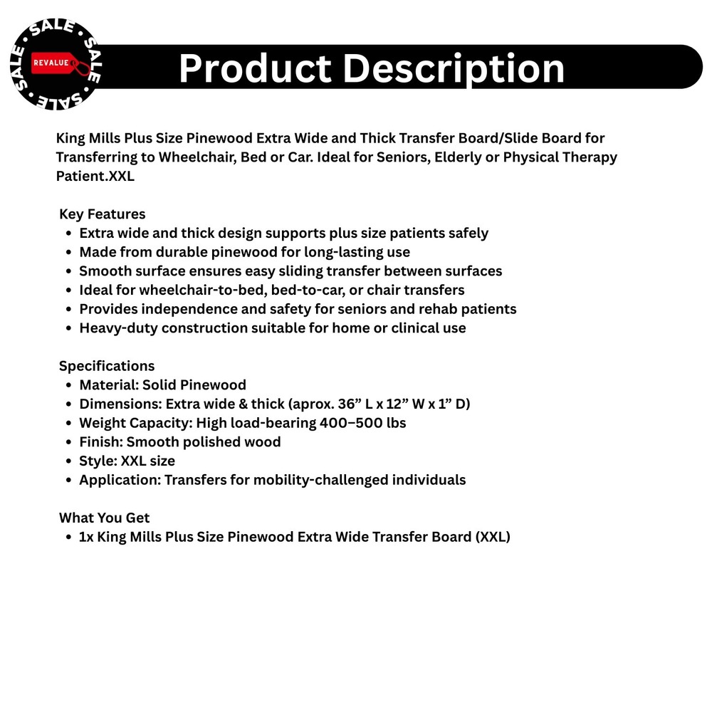 King Mills Extra Wide & Thick Transfer Board XXL – Wheelchair Bed Car Assist - Picture 2 of 9